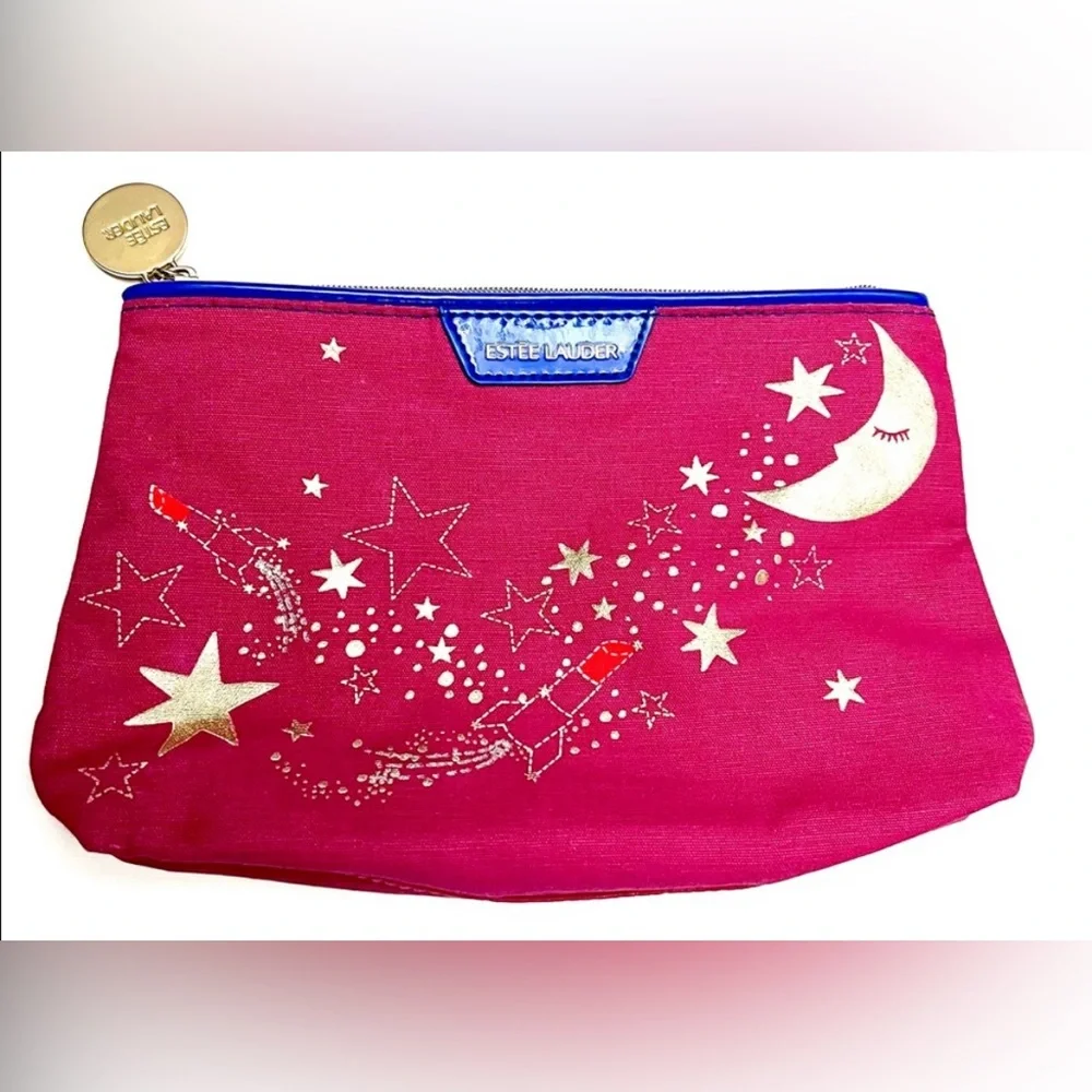 Estee Lauder 10” cosmetic makeup toiletry case zipper bag Metallic Moon & Stars